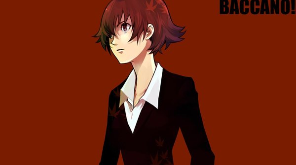 Anime picture 1879x1050 with baccano! ennis highres short hair simple background red eyes wide image red hair girl leaf (leaves) suit blouse