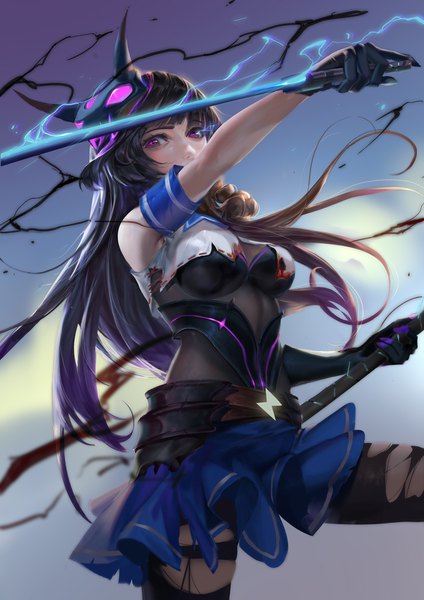 Anime picture 1200x1697 with benghuai xueyuan honkai (series) raiden mei rabbit (tukenitian) single long hair tall image looking at viewer fringe light erotic black hair purple eyes holding purple hair blunt bangs multicolored hair two-tone hair outstretched arm mask on head torn pantyhose