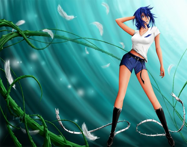 Anime picture 1000x789 with air gear toei animation gazelle (air gear) lanty-ka single short hair blue eyes blue hair light girl plant (plants) shorts belt thigh boots feather (feathers)