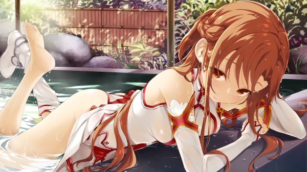 Anime picture 1280x720 with sword art online a-1 pictures yuuki asuna buriki long hair looking at viewer light erotic brown hair wide image brown eyes legs girl detached sleeves onsen