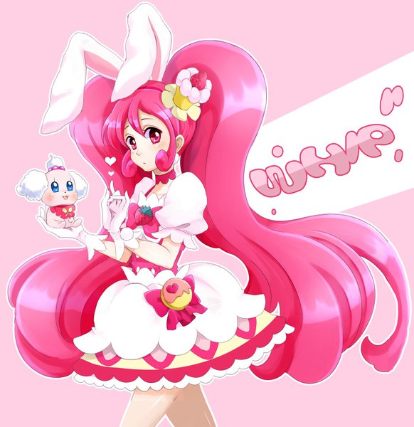 Anime picture 1500x1547 with precure kirakira precure a la mode toei animation usami ichika cure whip pekorin tsuka d single long hair tall image looking at viewer simple background twintails animal ears pink hair pink eyes bunny ears puffy sleeves character names pink background