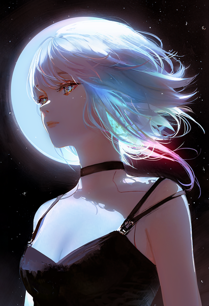 Anime picture 3422x5000 with cyberpunk edgerunners studio trigger lucy (cyberpunk) nixeu single tall image fringe highres short hair breasts looking away absurdres silver hair upper body outdoors multicolored hair wind night streaked hair night sky