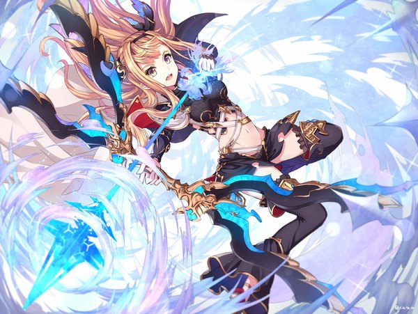 Anime picture 1518x1143 with granblue fantasy thorn (granblue fantasy) rin yuu single long hair fringe breasts open mouth blonde hair holding signed yellow eyes bent knee (knees) bare belly magic multicolored eyes archery girl navel weapon
