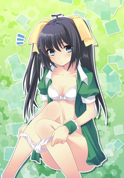 Anime picture 1234x1769 with flyable heart melonbooks shirasagi mayuri itou noiji single long hair tall image looking at viewer fringe blue eyes light erotic black hair hair between eyes twintails cosplay girl underwear panties bow hair bow