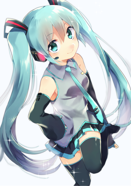 Anime picture 579x819 with vocaloid hatsune miku ponpoko single long hair tall image looking at viewer fringe simple background smile hair between eyes white background twintails bent knee (knees) nail polish aqua eyes from above aqua hair sparkle girl