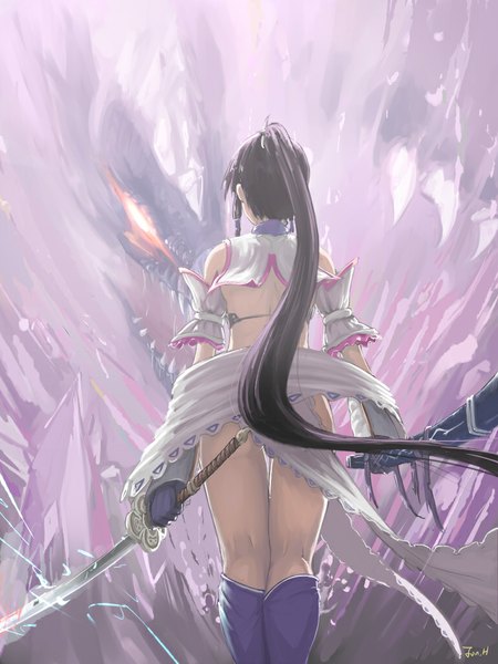 Anime picture 768x1024 with monster hunter jonathan h single tall image open mouth light erotic black hair holding signed payot ass outdoors ponytail very long hair wind from behind blurry teeth from below short sleeves