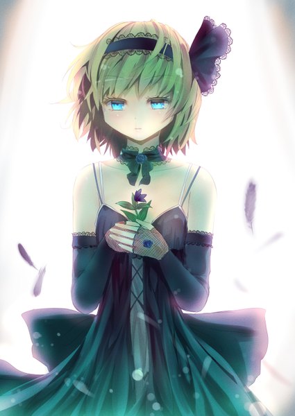Anime picture 1024x1446 with touhou alice margatroid culter single tall image short hair blue eyes simple background white background bare shoulders green hair girl dress detached sleeves hairband feather (feathers)