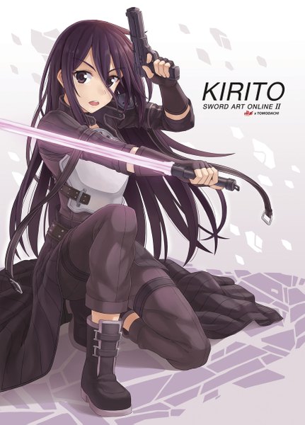 Anime picture 866x1205 with sword art online a-1 pictures kirigaya kazuto npcpepper single long hair tall image open mouth black hair standing brown eyes kneeling otoko no ko glowing weapon boy gloves weapon boots fingerless gloves gun