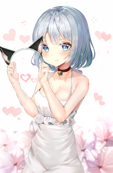 Anime picture 1505x2286 with original refile single tall image looking at viewer blush fringe short hair breasts blue eyes simple background standing white background bare shoulders holding animal ears cleavage silver hair sleeveless fake animal ears