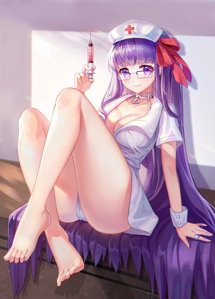 Anime picture 1551x2160 with fate (series) fate/grand order fate/extra fate/extra ccc bb (fate) (all) bb (fate/extra) lalazyt single tall image looking at viewer blush fringe breasts light erotic smile large breasts sitting purple eyes holding cleavage