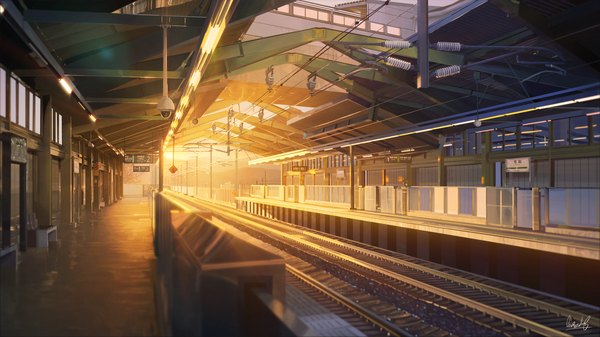 Anime picture 6000x3376 with original banishment highres wide image absurdres evening sunset no people landscape power lines train station railways