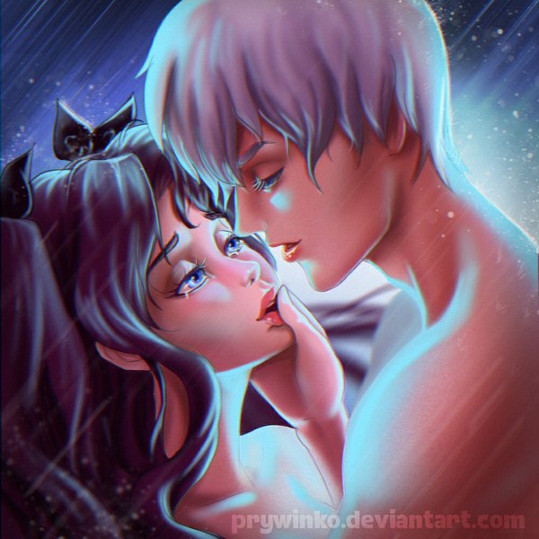 Anime picture 1000x1000 with fate (series) fate/stay night type-moon toosaka rin archer (fate) olga narhova long hair fringe short hair blue eyes black hair bare shoulders lips grey hair realistic couple eyebrows face to face almost kiss girl
