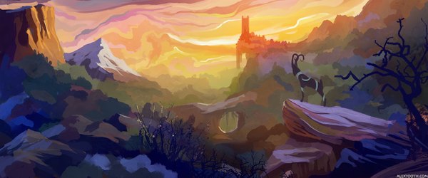 Anime picture 1600x667 with alextooth wide image signed sky evening sunset mountain no people landscape rock plant (plants) animal tree (trees) castle goat