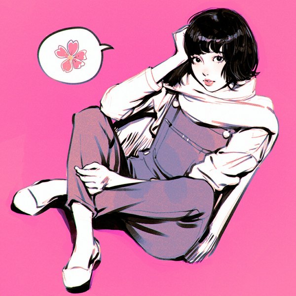 Anime picture 1080x1080 with original ilya kuvshinov single looking at viewer fringe short hair black hair simple background sitting bent knee (knees) head tilt lips black eyes crossed legs pink background hand on head indian style girl flower (flowers) scarf