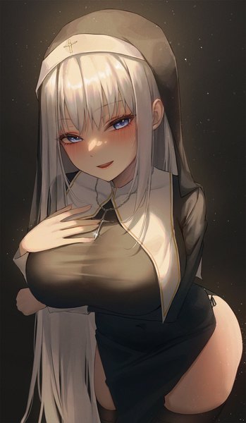 Anime picture 1500x2578 with original ame 816 single long hair tall image looking at viewer blush fringe breasts open mouth blue eyes light erotic simple background large breasts standing silver hair blunt bangs leaning leaning forward hand on chest
