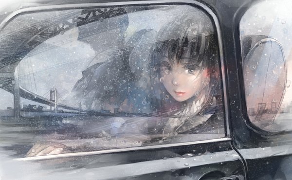 Anime picture 1100x680 with original pomodorosa long hair black hair wide image indoors black eyes reflection rain silhouette girl ground vehicle car bridge