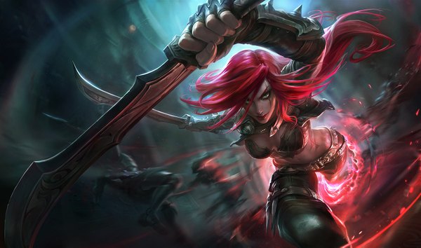 Anime picture 1500x885 with league of legends katarina (league of legends) su-ke (artist) single long hair looking at viewer breasts wide image green eyes red hair lips official art tattoo lipstick scar red lipstick girl navel weapon dagger