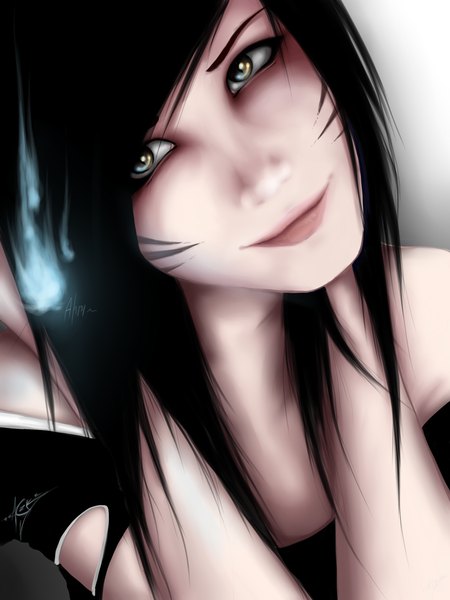 Anime picture 1500x2000 with league of legends ahri (league of legends) zackargunov single long hair tall image black hair yellow eyes looking away light smile lips facial mark face whisker markings girl