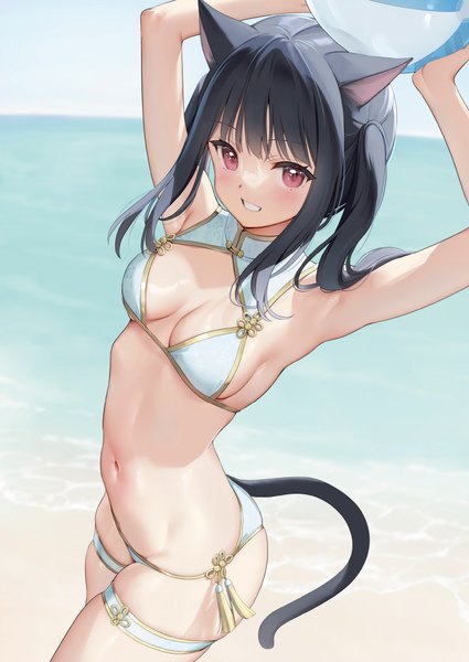 Anime picture 4299x6072 with original melonbooks mignon single long hair tall image looking at viewer blush fringe highres breasts light erotic black hair smile red eyes standing twintails holding animal ears absurdres