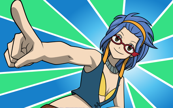 Anime picture 2560x1600 with fairy tail levy mcgarden single looking at viewer highres short hair simple background smile wide image bare shoulders brown eyes blue hair upper body midriff dutch angle sleeveless vector pointing girl glasses