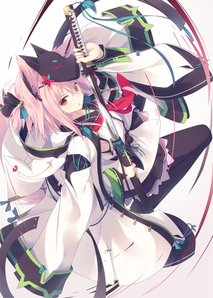 Anime picture 889x1243 with original nagishiro mito single long hair tall image looking at viewer fringe simple background white background holding animal ears pink hair bent knee (knees) braid (braids) from above open clothes orange eyes fox ears fox girl fake animal ears