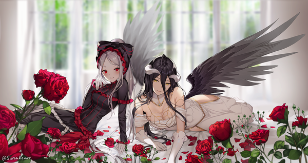 Anime picture 2146x1138 with overlord (maruyama) madhouse albedo (overlord) shalltear bloodfallen sunako (veera) long hair looking at viewer blush fringe highres breasts light erotic smile hair between eyes red eyes wide image large breasts sitting bare shoulders multiple girls