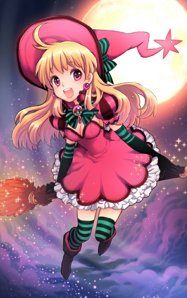 Anime picture 627x1000 with original nardack single long hair tall image open mouth blonde hair pink eyes witch girl thighhighs dress gloves earrings elbow gloves boots witch hat striped thighhighs broom