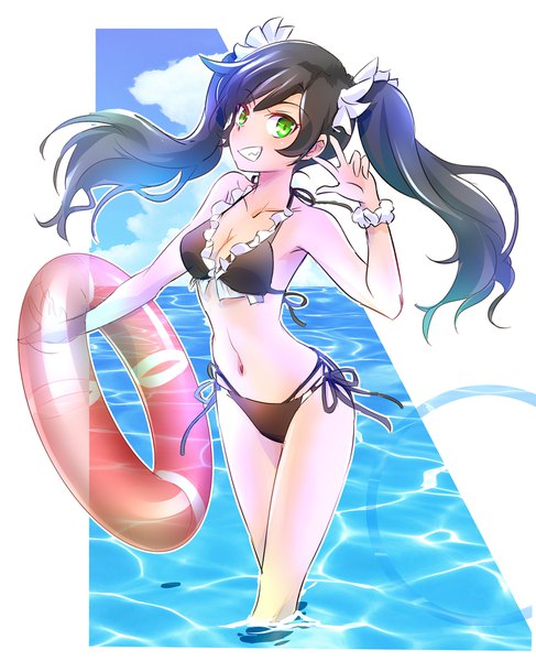 Anime picture 1461x1800 with rwby rooster teeth neopolitan (rwby) iesupa single long hair tall image looking at viewer fringe breasts light erotic black hair smile standing twintails green eyes sky cleavage cloud (clouds) grin