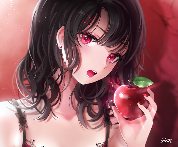 Anime picture 2039x1689 with original blue blood moon single long hair looking at viewer blush fringe highres open mouth black hair simple background hair between eyes red eyes bare shoulders holding signed upper body nail polish head tilt fingernails