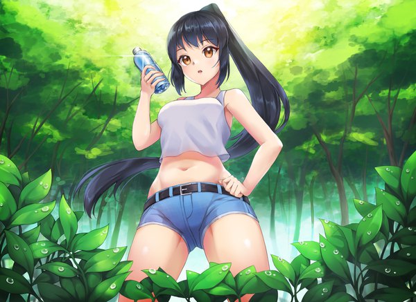 Anime picture 3711x2700 with original blustar sky single looking at viewer blush fringe highres open mouth black hair standing holding brown eyes payot absurdres outdoors ponytail blunt bangs very long hair arm up :o