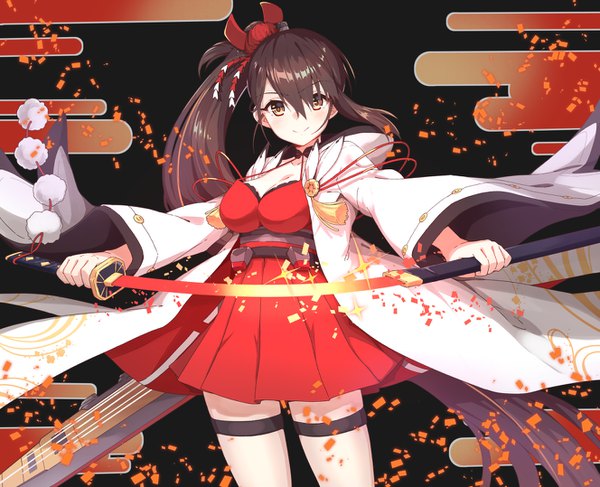 Anime picture 1327x1078 with azur lane zuikaku (azur lane) neme1228 single looking at viewer fringe smile hair between eyes brown hair brown eyes cleavage ponytail very long hair wide sleeves unsheathing egasumi girl weapon sword katana