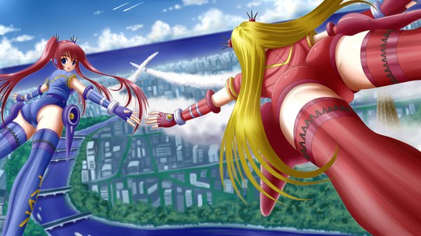Anime picture 1366x768 with ilolamai long hair blue eyes blonde hair wide image twintails multiple girls sky cloud (clouds) red hair looking back girl 2 girls fingerless gloves