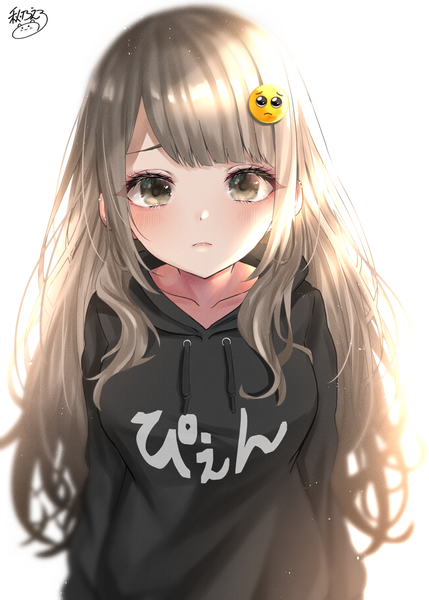 Anime picture 1200x1678 with original akino ell single long hair tall image looking at viewer blush fringe simple background blonde hair white background signed yellow eyes upper body clothes writing girl hair ornament hood hoodie emoji