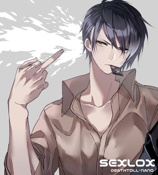 Anime picture 2492x2757 with original yukishima bema single tall image looking at viewer fringe highres short hair black hair hair between eyes holding yellow eyes upper body head tilt hair over one eye off shoulder grey background text mouth hold open collar