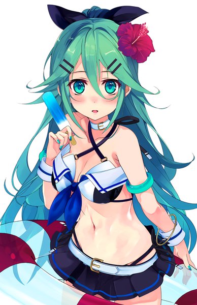 Anime picture 518x800 with kantai collection yamakaze (kantai collection) shirokitsune single long hair tall image looking at viewer fringe light erotic simple background hair between eyes white background nail polish hair flower aqua eyes aqua hair :o gradient hair aqua nail polish girl