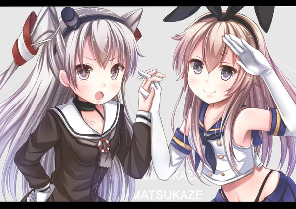 Anime picture 1414x1000 with kantai collection shimakaze destroyer amatsukaze destroyer mitsuki yuu long hair looking at viewer blush open mouth blonde hair smile multiple girls silver hair two side up holding hands letterboxed silver eyes girl gloves bow 2 girls