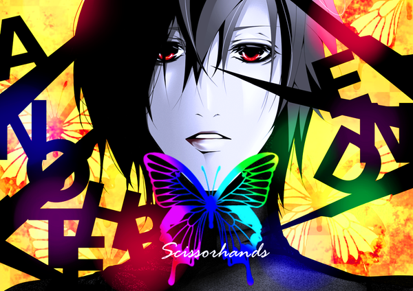 Anime picture 1024x724 with edward scissorhands (character) rian (artist) single short hair open mouth black hair red eyes grey hair inscription pale skin boy insect butterfly blade