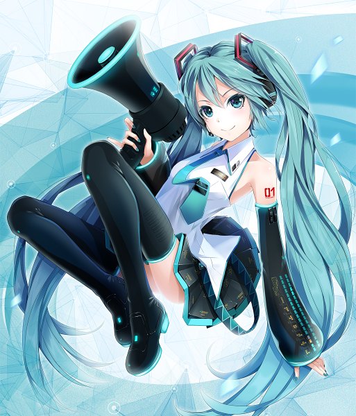 Anime picture 1026x1200 with vocaloid koi wa sensou (vocaloid) hatsune miku ajigo single tall image looking at viewer blue eyes smile twintails very long hair girl thighhighs skirt black thighhighs detached sleeves miniskirt necktie headphones