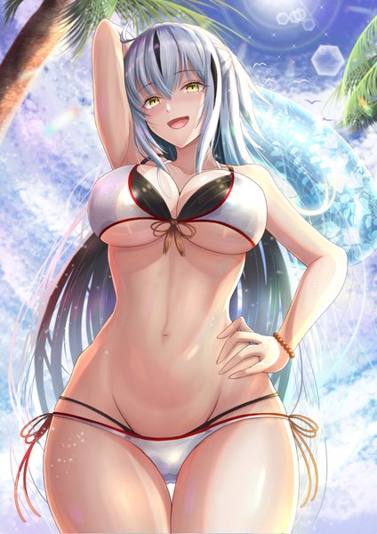 Anime picture 2894x4093 with fate (series) fate/grand order nagao kagetora (fate) penguintake single long hair tall image looking at viewer blush fringe highres breasts open mouth light erotic smile hair between eyes large breasts standing bare shoulders yellow eyes