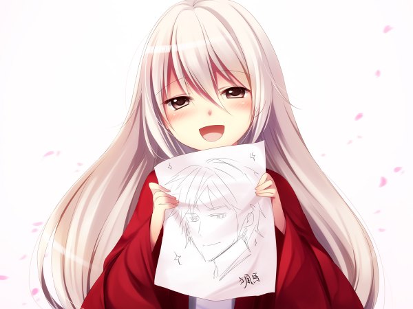 Anime picture 1200x900 with sengoku hime takeda shingen (sengoku hime) itou nanami single long hair blush open mouth brown eyes white hair loli drawing girl paper