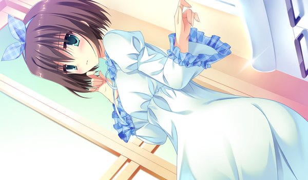 Anime picture 1024x600 with da capo iii katsuragi himeno takano yuki (allegro mistic) single blush short hair blue eyes brown hair wide image game cg girl dress bow hair bow