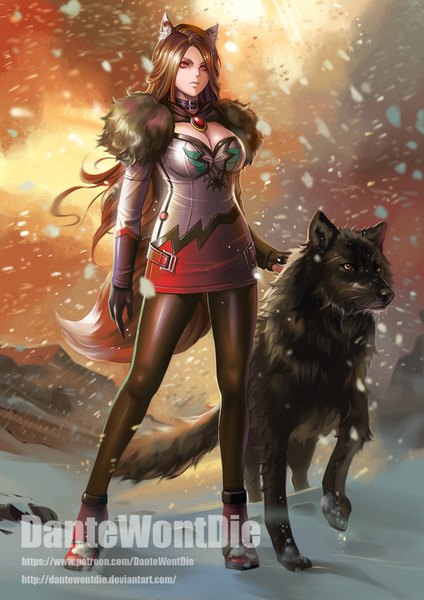 Anime picture 992x1404 with touhou imaizumi kagerou dantewontdie single long hair tall image breasts brown hair large breasts standing signed animal ears looking away cleavage full body outdoors tail very long hair animal tail blurry
