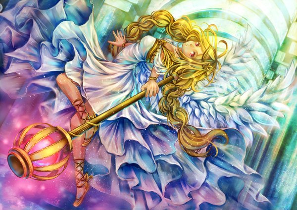 Anime picture 4092x2893 with original daphne zhang single long hair highres blonde hair absurdres pink eyes drill hair angel wings girl dress staff