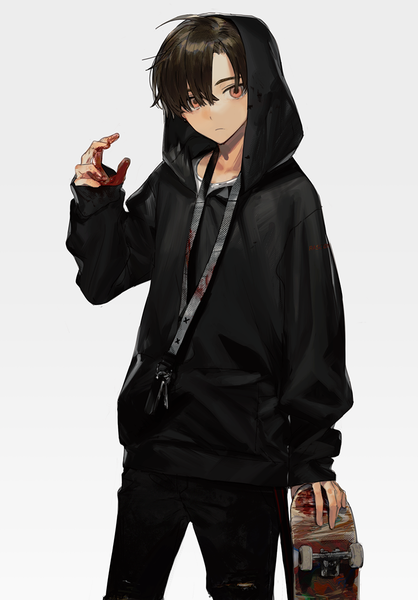 Anime picture 798x1145 with original hirota tsuu single tall image looking at viewer fringe short hair simple background red eyes brown hair standing holding arm up hair over one eye gradient background boy hood blood hoodie jeans
