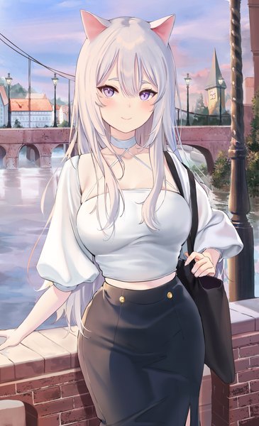 Anime picture 4388x7219 with original emyo single long hair tall image looking at viewer blush fringe highres breasts smile hair between eyes large breasts standing purple eyes animal ears absurdres sky silver hair cloud (clouds)