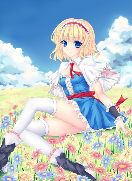 Anime picture 875x1200 with touhou alice margatroid fred0092 single tall image short hair blue eyes blonde hair cloud (clouds) girl thighhighs dress flower (flowers) white thighhighs hairband