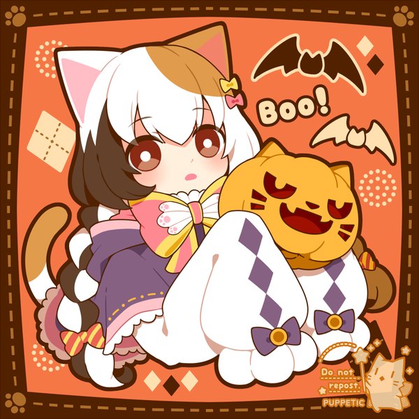 Anime picture 800x800 with original puppetic single long hair brown hair brown eyes signed animal ears white hair tail braid (braids) long sleeves animal tail multicolored hair cat ears cat girl cat tail twin braids border halloween