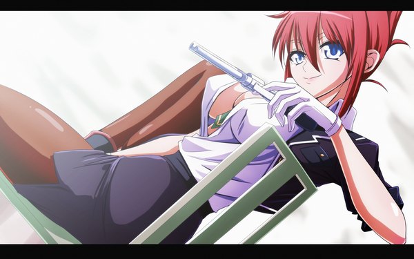Anime picture 2560x1600 with rail wars! sakurai aoi tappa (esperanza) single looking at viewer highres short hair breasts blue eyes light erotic smile white background red hair open clothes open shirt girl skirt gloves weapon shirt