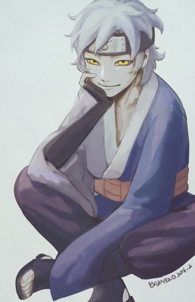 Anime picture 1183x1828 with boruto studio pierrot naruto (series) mitsuki (naruto) baz neko single tall image looking at viewer short hair simple background smile white background sitting signed yellow eyes silver hair full body bent knee (knees) traditional clothes japanese clothes