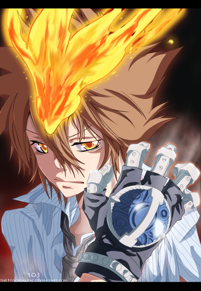 Anime picture 1000x1445 with katekyou hitman reborn sawada tsunayoshi the103orjagrat single tall image short hair brown hair yellow eyes coloring magic portrait letterboxed boy gloves shirt necktie fire